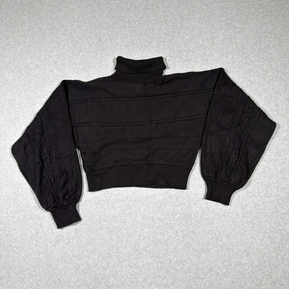 Guess Los Angeles Black Cropped Turtleneck Cable Knit Sweater XL Balloon Sleeve - Picture 7 of 8